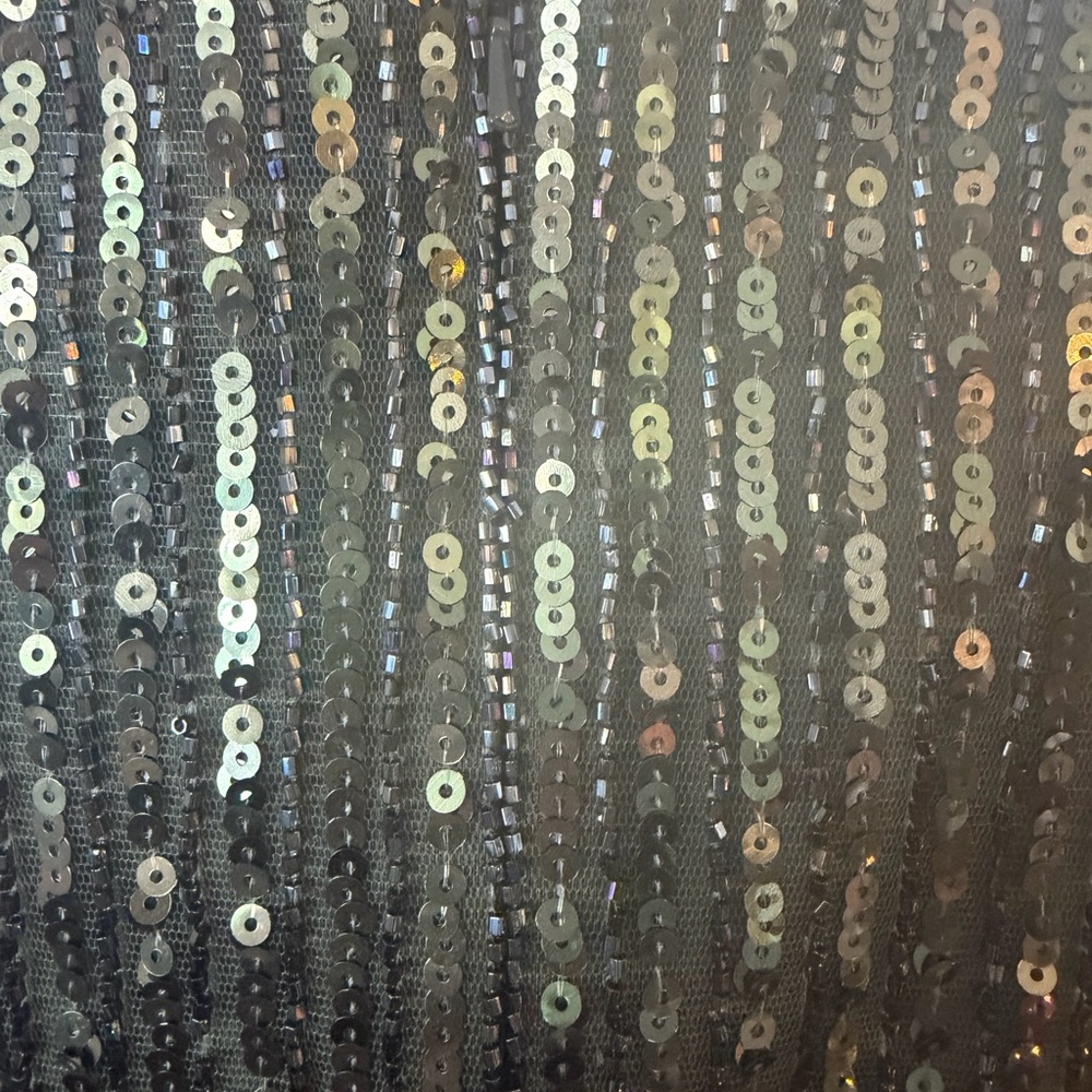 Mac Duggal Sequin & Mesh Metallic Mini Dress 14 L XL Deep V Plunge Long Sleeve - Picture 8 of 13